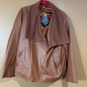 Knit Collar IMAN Global Chic Genuine Lamb Leather Moto Jacket Saddle Brown 2 XL
